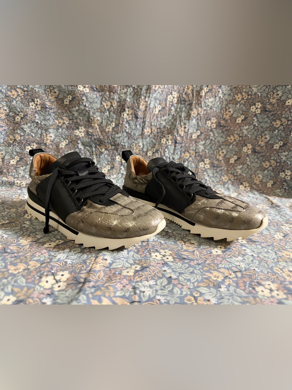 ESSEutESSE Women’s Metallic Croc Embossed Sneakers with Black Leather Accents